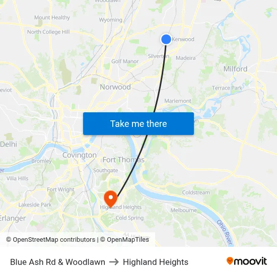 Blue Ash Rd & Woodlawn to Highland Heights map