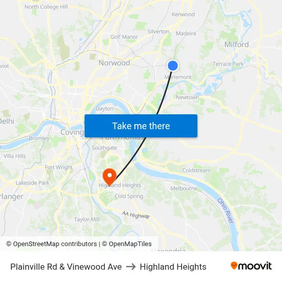 Plainville Rd & Vinewood Ave to Highland Heights map