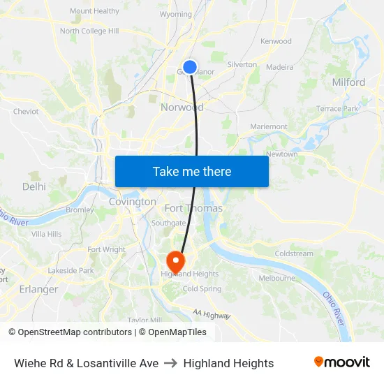 Wiehe Rd & Losantiville Ave to Highland Heights map