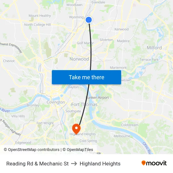 Reading Rd & Mechanic St to Highland Heights map