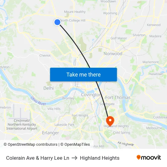 Colerain Ave & Harry Lee Ln to Highland Heights map
