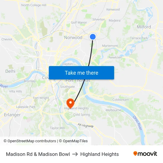 Madison Rd & Madison Bowl to Highland Heights map
