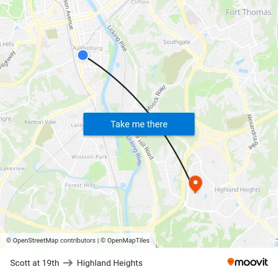 Scott at 19th to Highland Heights map