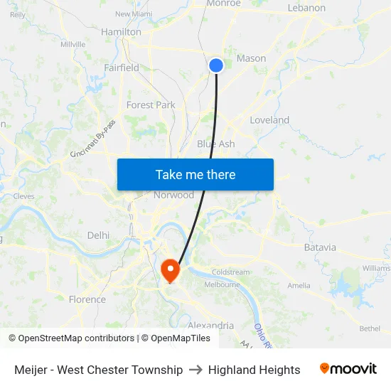 Meijer - West Chester Township to Highland Heights map