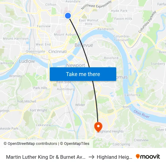 Martin Luther King Dr & Burnet Ave Eb to Highland Heights map