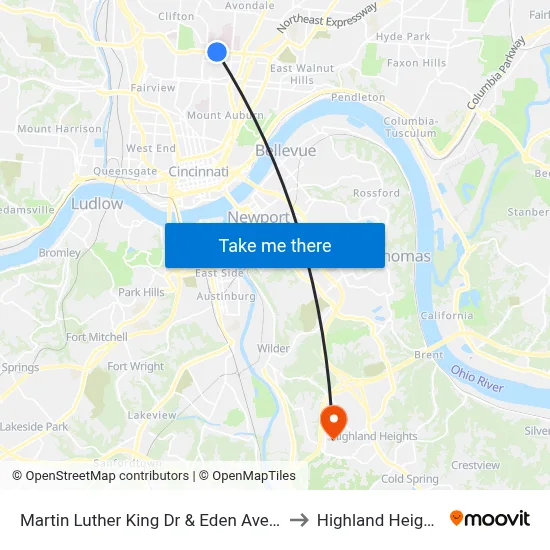 Martin Luther King Dr & Eden Ave Eb to Highland Heights map