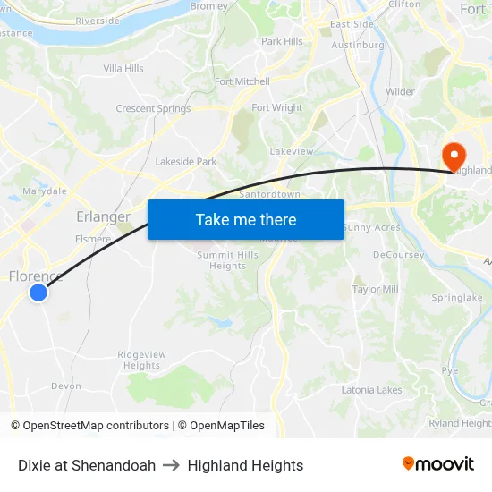 Dixie at Shenandoah to Highland Heights map