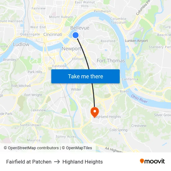 Fairfield at Patchen to Highland Heights map