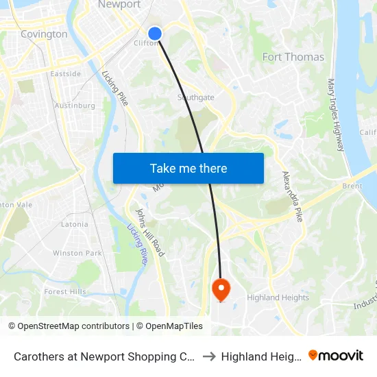 Carothers at Newport Shopping Center to Highland Heights map