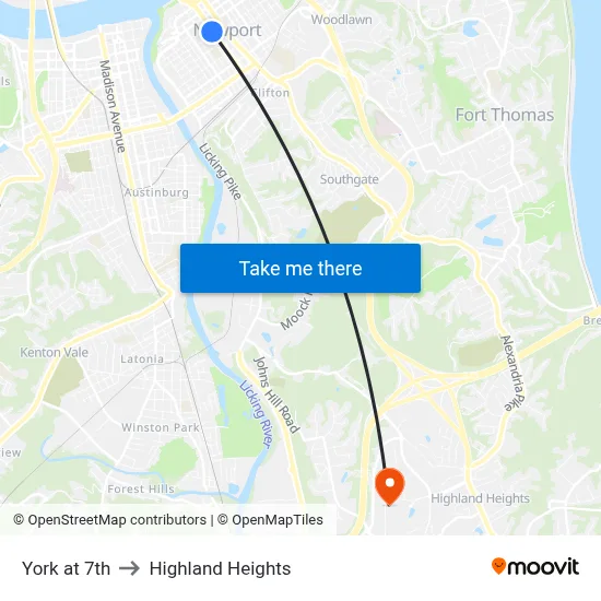 York at 7th to Highland Heights map
