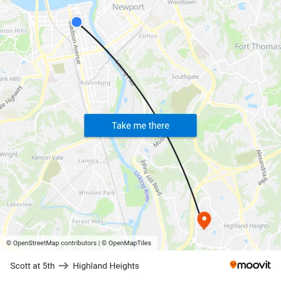 Scott at 5th to Highland Heights map