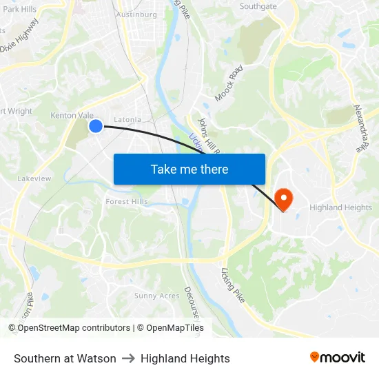 Southern at Watson to Highland Heights map