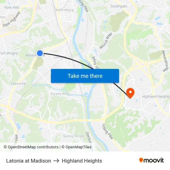 Latonia at Madison to Highland Heights map