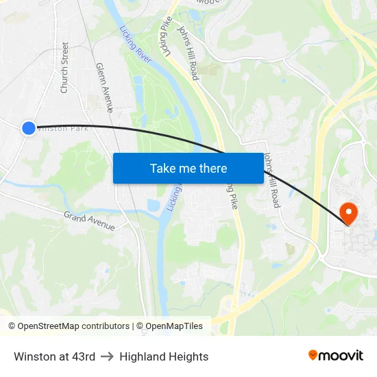 Winston at 43rd to Highland Heights map