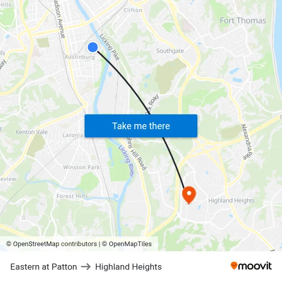 Eastern at Patton to Highland Heights map