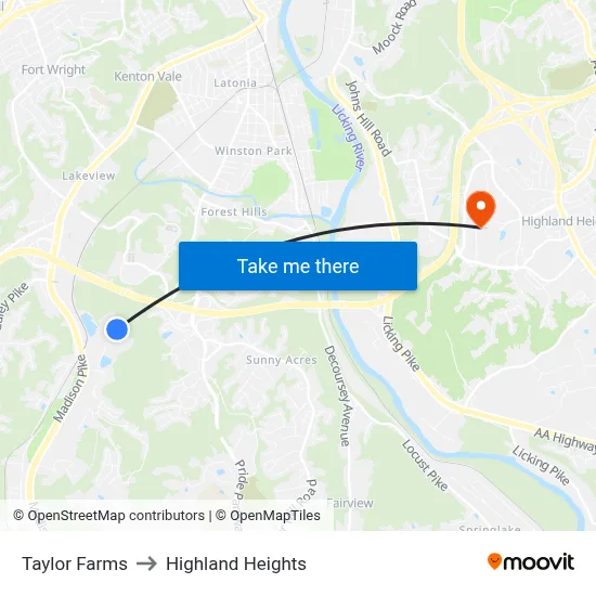 Taylor Farms to Highland Heights map