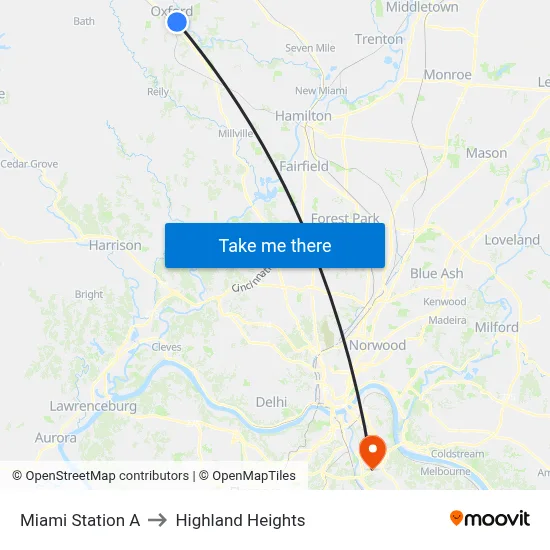 Miami Station A to Highland Heights map