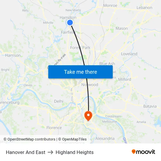 Hanover And East to Highland Heights map
