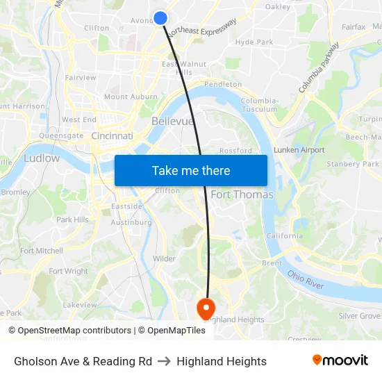 Gholson Ave & Reading Rd to Highland Heights map