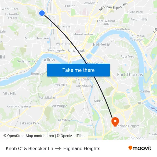Knob Ct & Bleecker Ln to Highland Heights map