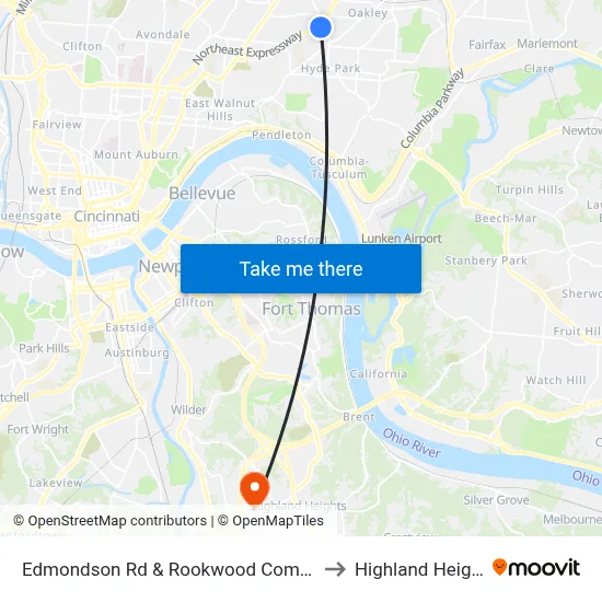 Edmondson Rd & Rookwood Commons to Highland Heights map