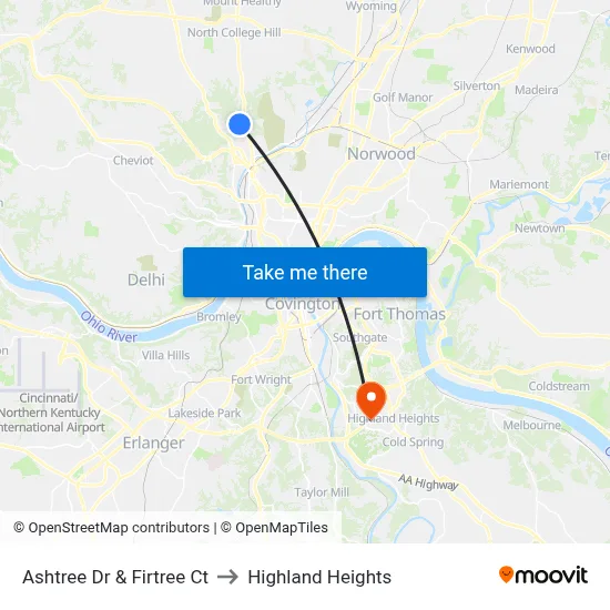 Ashtree Dr & Firtree Ct to Highland Heights map