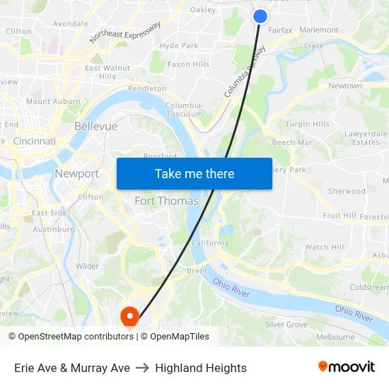 Erie Ave & Murray Ave to Highland Heights map