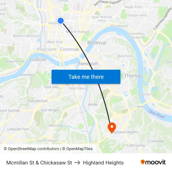 Mcmillan St & Chickasaw St to Highland Heights map