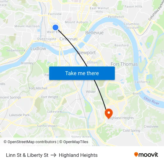 Linn St & Liberty St to Highland Heights map