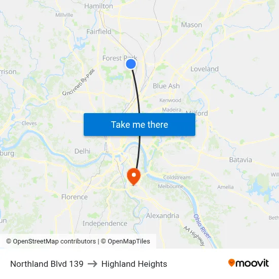 Northland Blvd 139 to Highland Heights map
