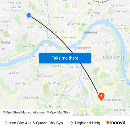 Queen City Ave & Queen City Bypass to Highland Heights map