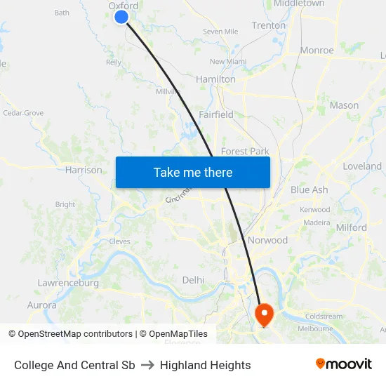 College And Central Sb to Highland Heights map