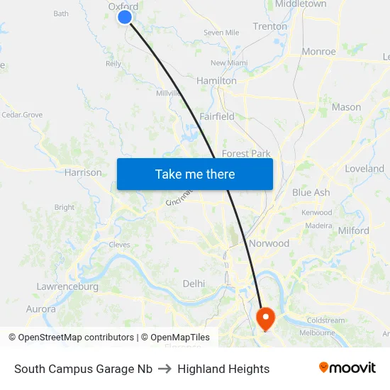 South Campus Garage Nb to Highland Heights map