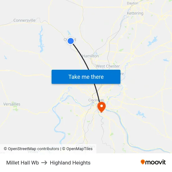 Millet Hall Wb to Highland Heights map