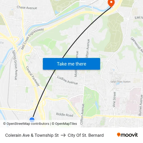 Colerain Ave & Township St to City Of St. Bernard map