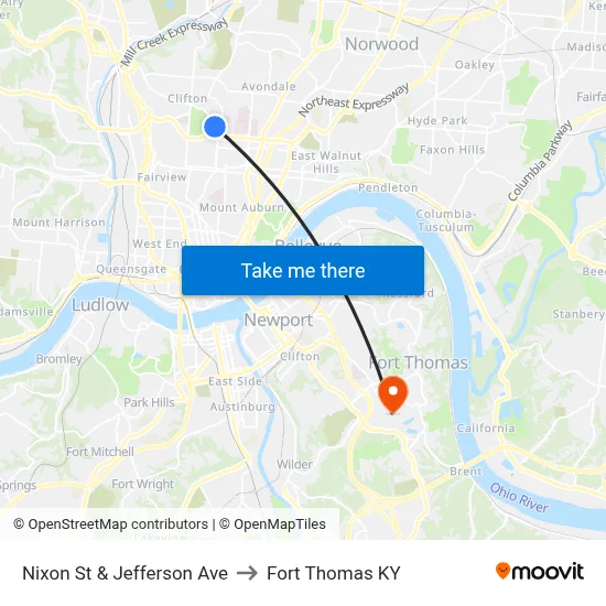Nixon St & Jefferson Ave to Fort Thomas KY map