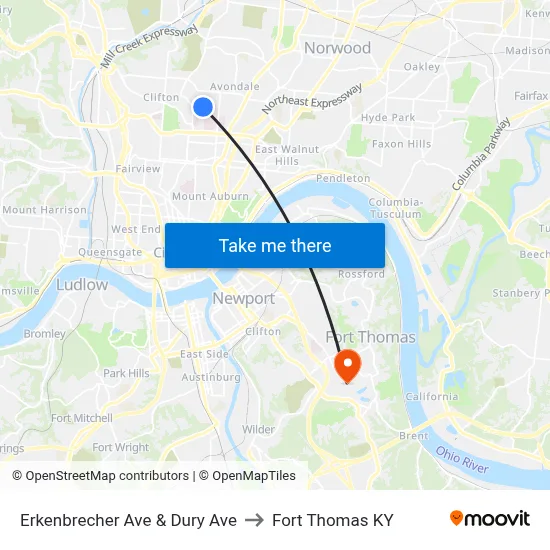 Erkenbrecher Ave & Dury Ave to Fort Thomas KY map