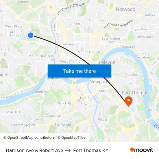 Harrison Ave & Robert Ave to Fort Thomas KY map