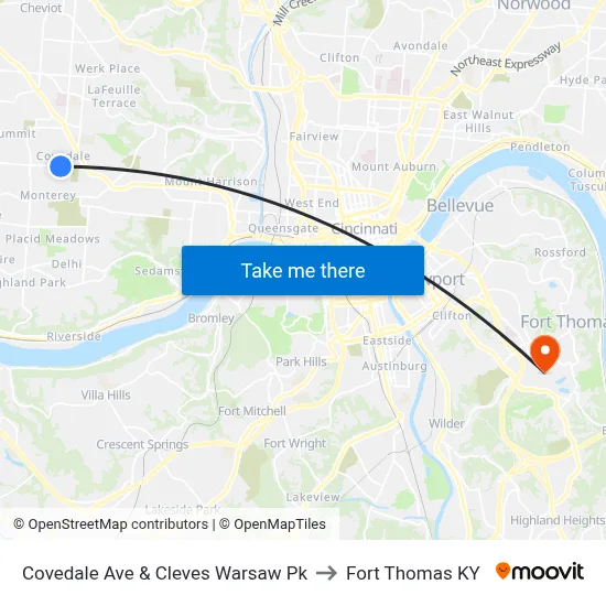 Covedale Ave & Cleves Warsaw Pk to Fort Thomas KY map