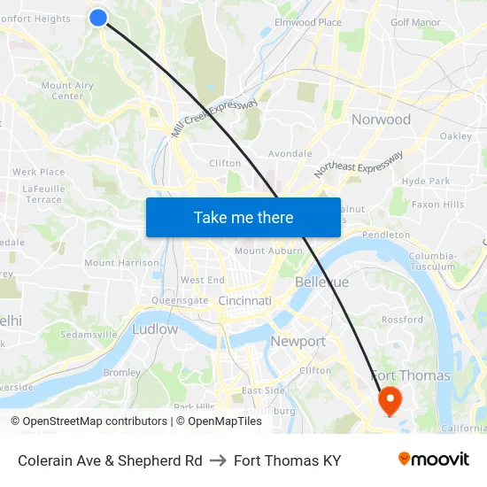 Colerain Ave & Shepherd Rd to Fort Thomas KY map