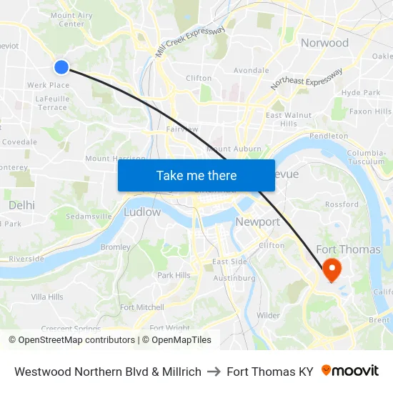 Westwood Northern Blvd & Millrich to Fort Thomas KY map