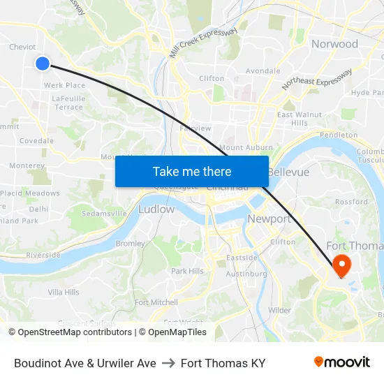 Boudinot Ave & Urwiler Ave to Fort Thomas KY map