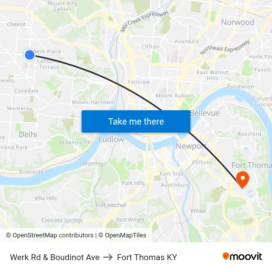 Werk Rd & Boudinot Ave to Fort Thomas KY map