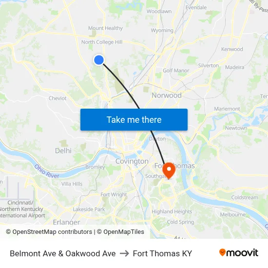 Belmont Ave & Oakwood Ave to Fort Thomas KY map