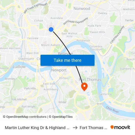 Martin Luther King Dr & Highland Ave to Fort Thomas KY map