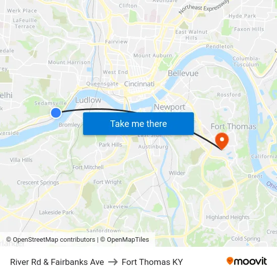 River Rd & Fairbanks Ave to Fort Thomas KY map