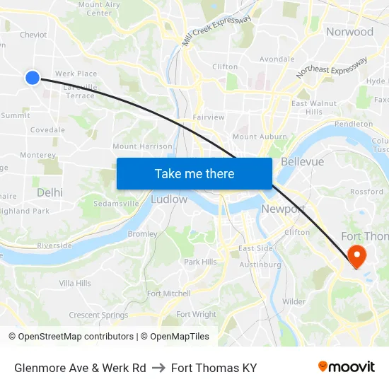 Glenmore Ave & Werk Rd to Fort Thomas KY map