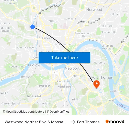 Westwood Norther Blvd & Moosewood to Fort Thomas KY map