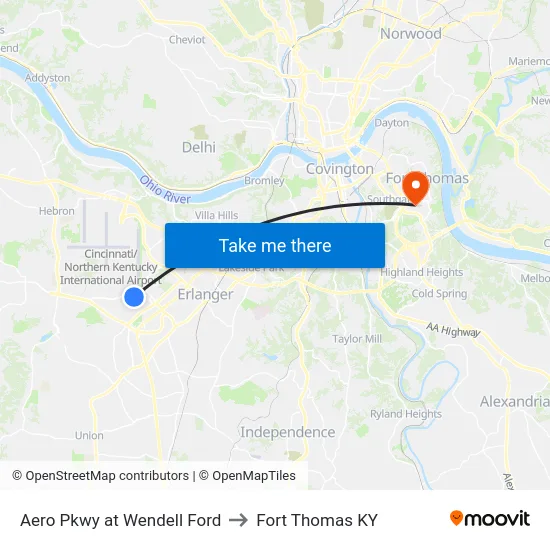 Aero Pkwy at Wendell Ford to Fort Thomas KY map