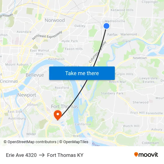 Erie Ave 4320 to Fort Thomas KY map